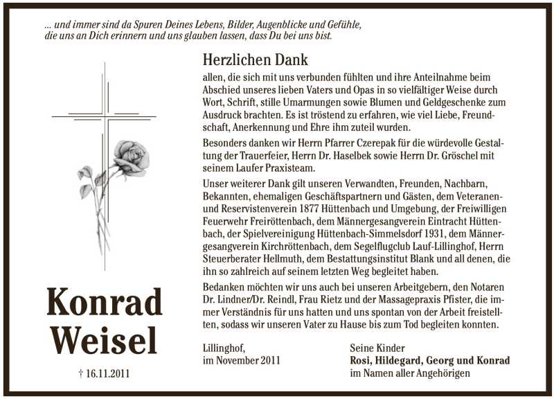  Traueranzeige für Konrad Weisel vom 26.11.2011 aus Pegnitz-Zeitung
